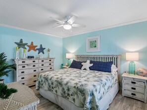 Primary Bedroom - King Bed + Smart TV - Two Bedroom Coastal Beach Condo + Water Views (Carolina Beach)