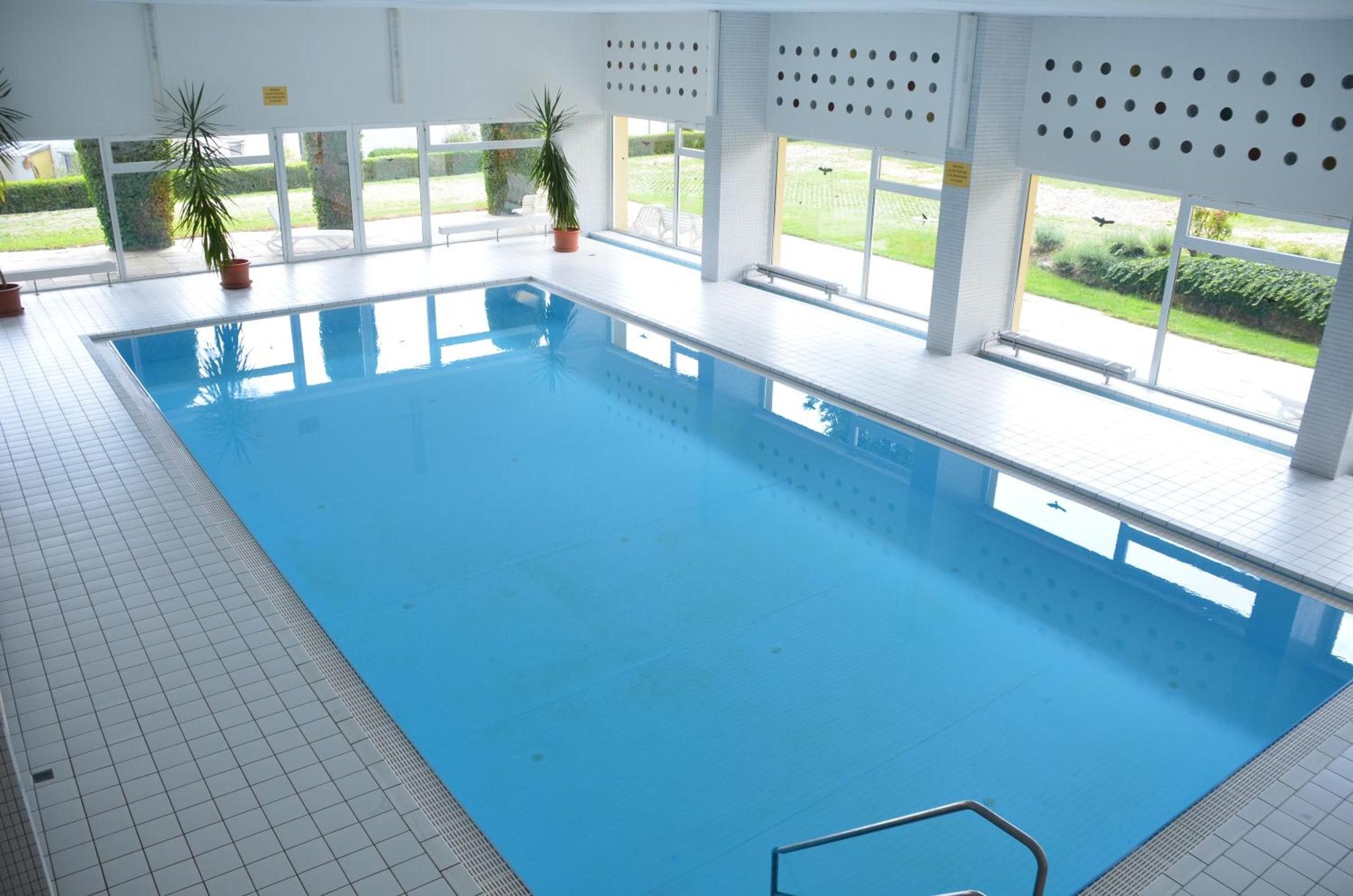 Una amplia piscina interior con paredes de vidrio transparente, plantas en macetas y suelo de baldosas.