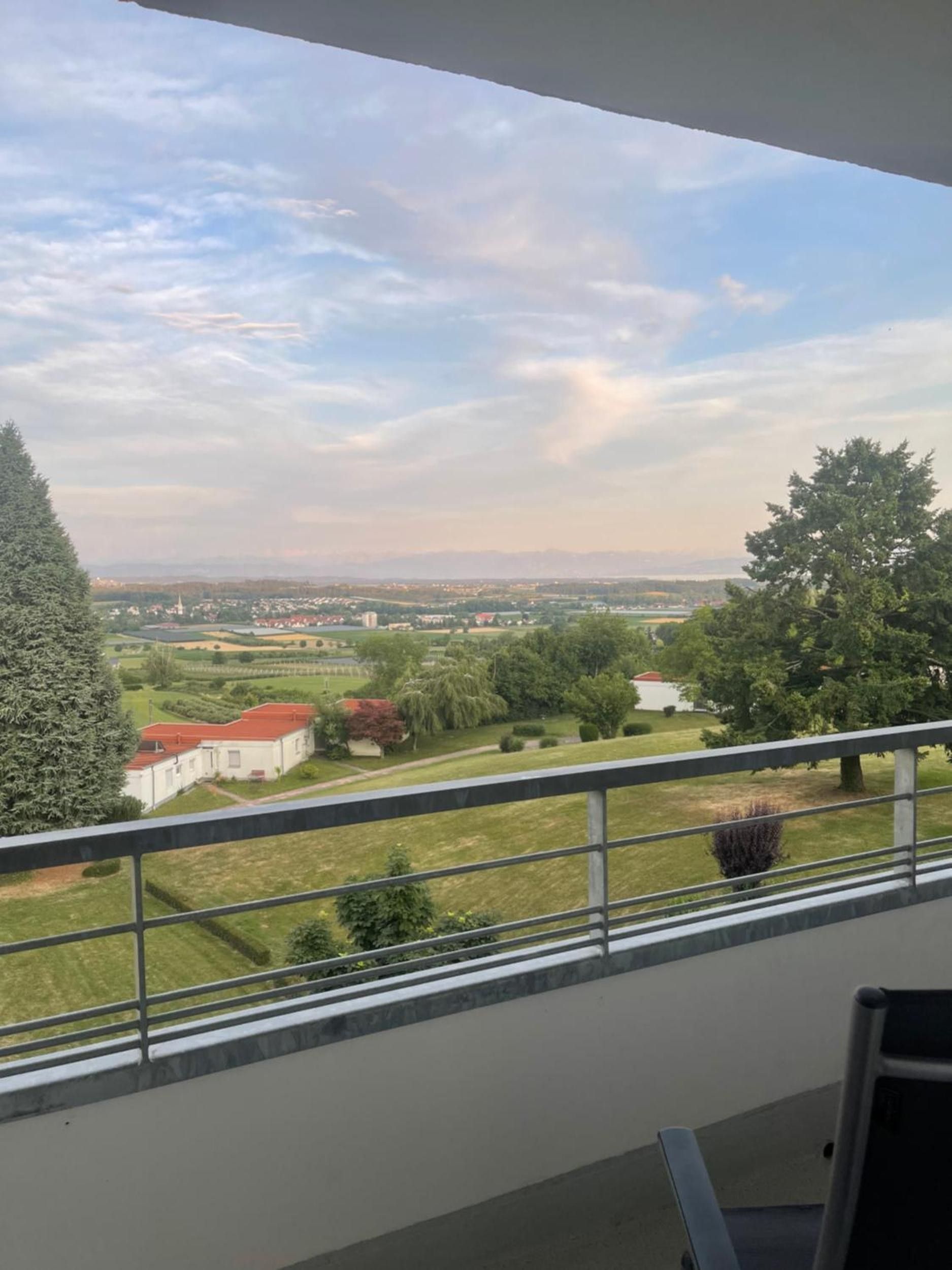 A balcony with a view of a town, including buildings and trees.