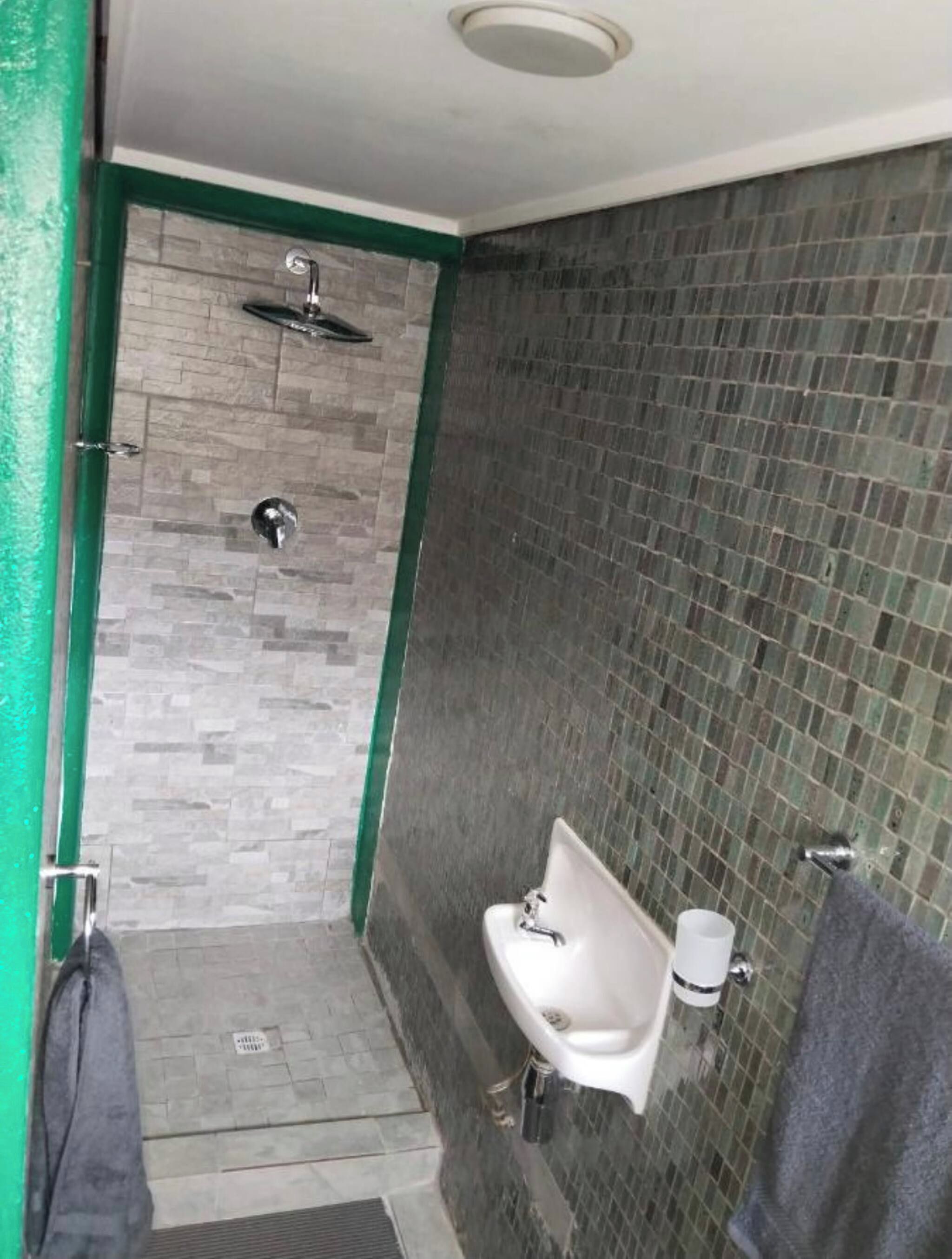 A bathroom with a shower, a sink, and a toilet.
