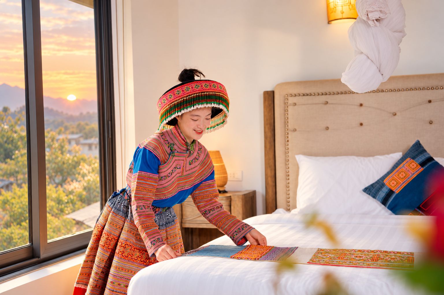 A person in traditional attire arranging a patterned textile on a bed in a room with a view of a mountainous landscape.