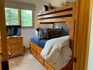 A bunk bed with a television on a wooden dresser, a window with a view of trees, and a carpeted floor. - The Alpine Nest 3 Bedroom Townhouse (Telluride)