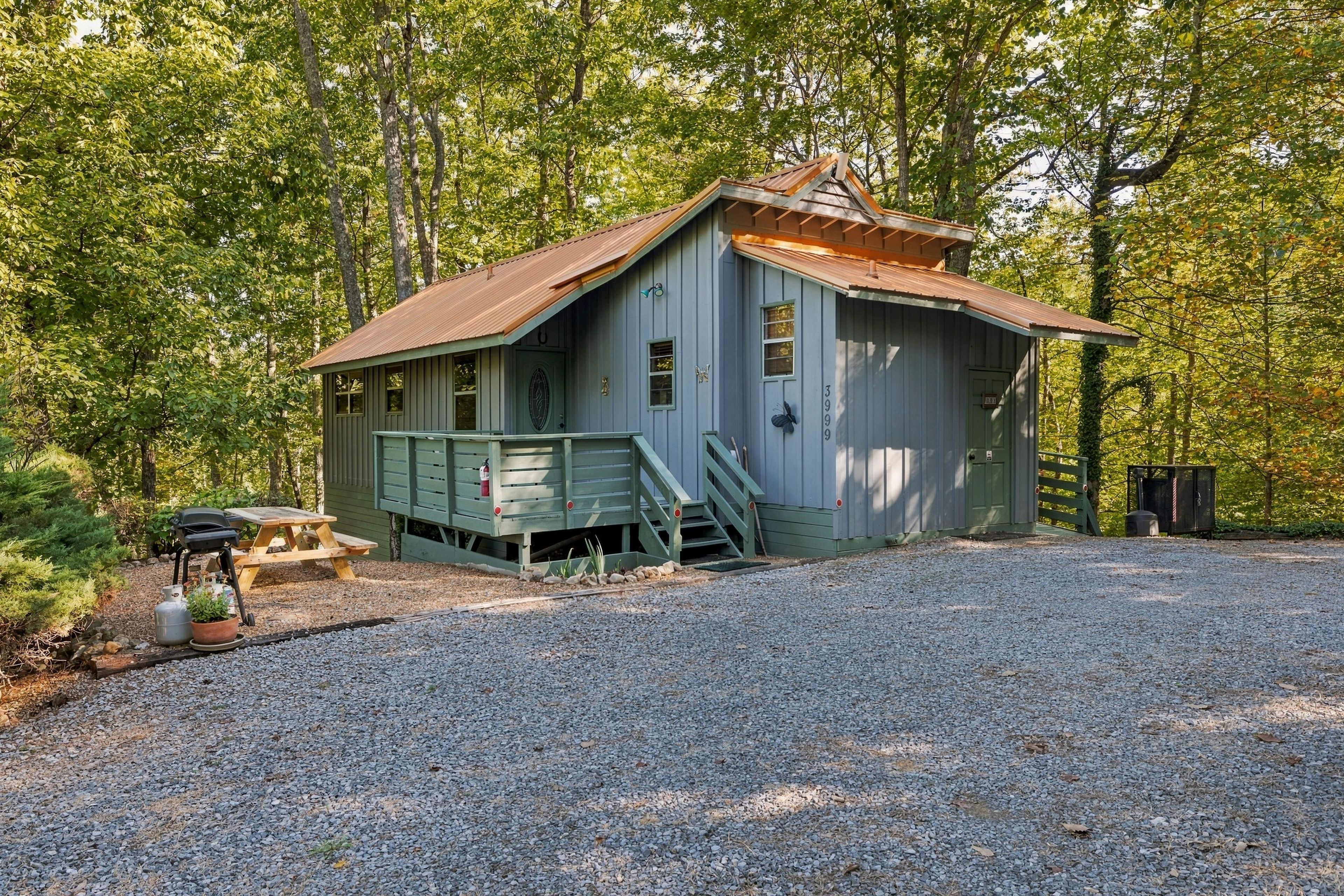 A rustic cabin with a metal roof, surrounded by trees.
