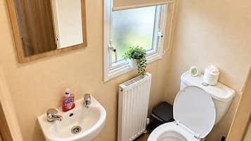Un baño pequeño con lavamanos, inodoro y ventana con planta.