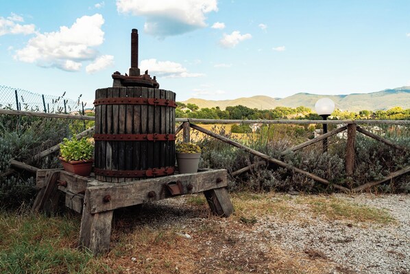 A rustic outdoor setting with a wooden barrel structure, a fence, and a mountainous landscape in the background.