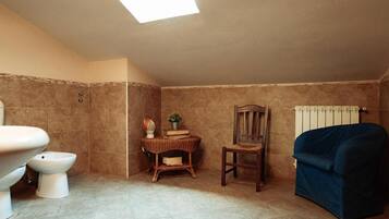 Un baño con inodoro, bidé, una silla, una mesita con una planta y un radiador.