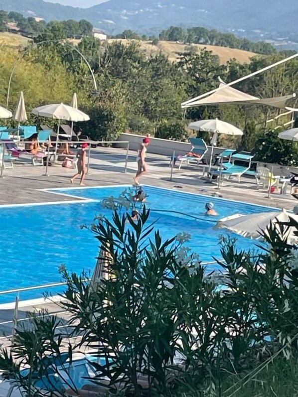 A swimming pool with lounge chairs and umbrellas, surrounded by greenery and hills.