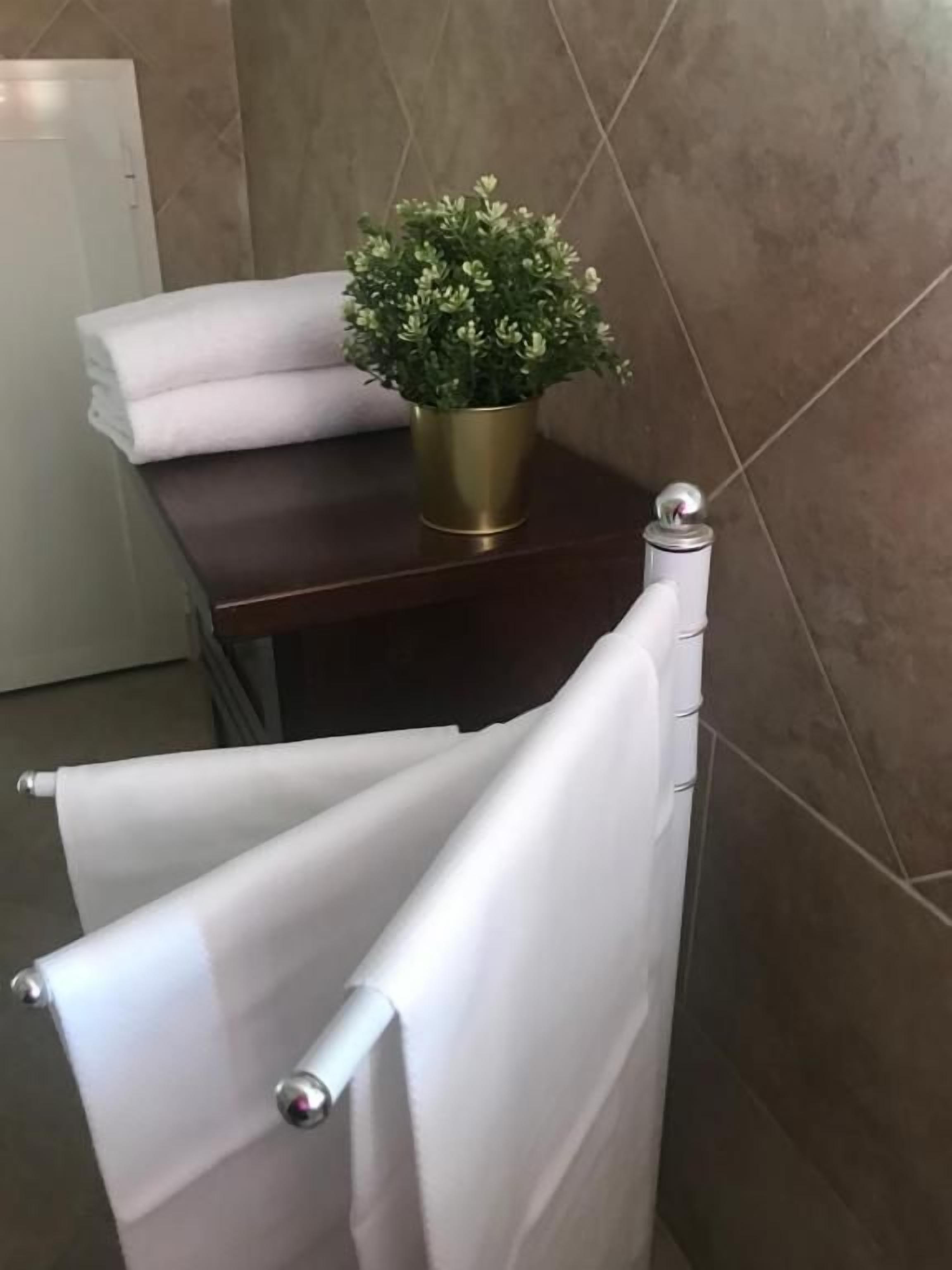 Un baño con toallero, planta en maceta y toalla blanca sobre superficie de madera.