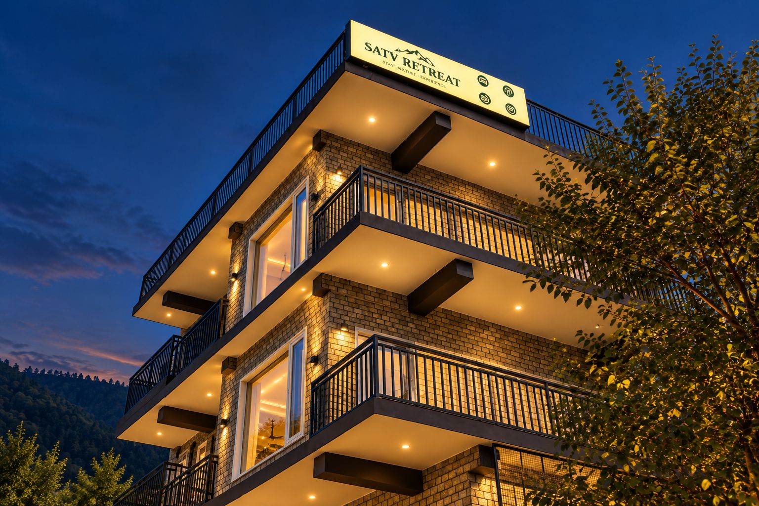A multi-story building with balconies and a sign indicating it is a retreat.