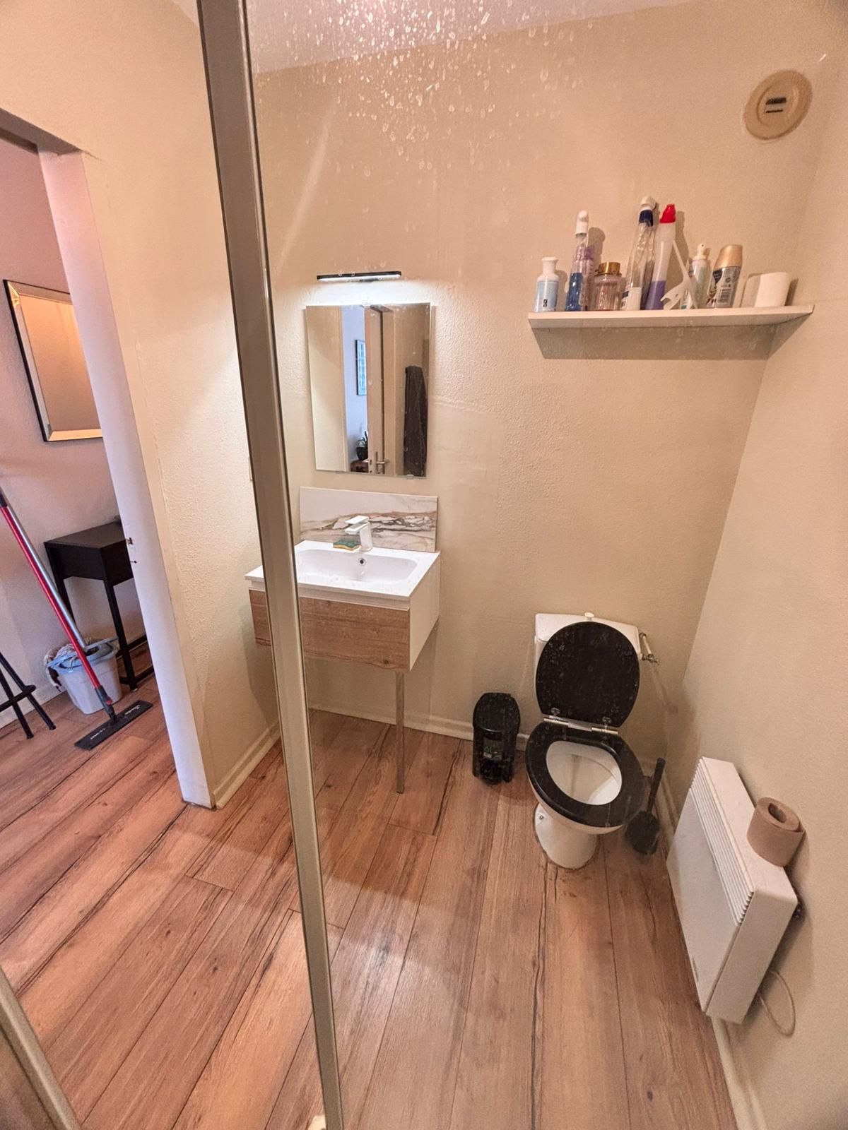 A bathroom with a toilet, sink, mirror, and a shelf with toiletries.
