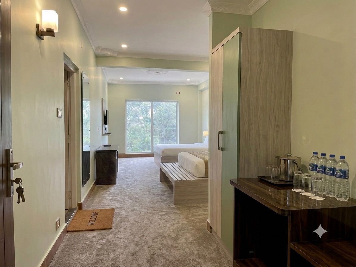 Habitación de hotel con cama, un banco, un escritorio con botellas de agua y una puerta con llave.