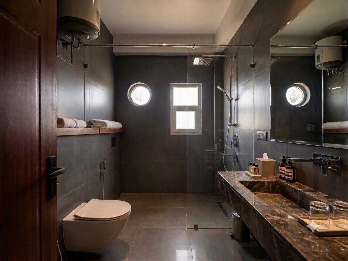 A modern bathroom with a toilet, bidet, and a vanity with a mirror.