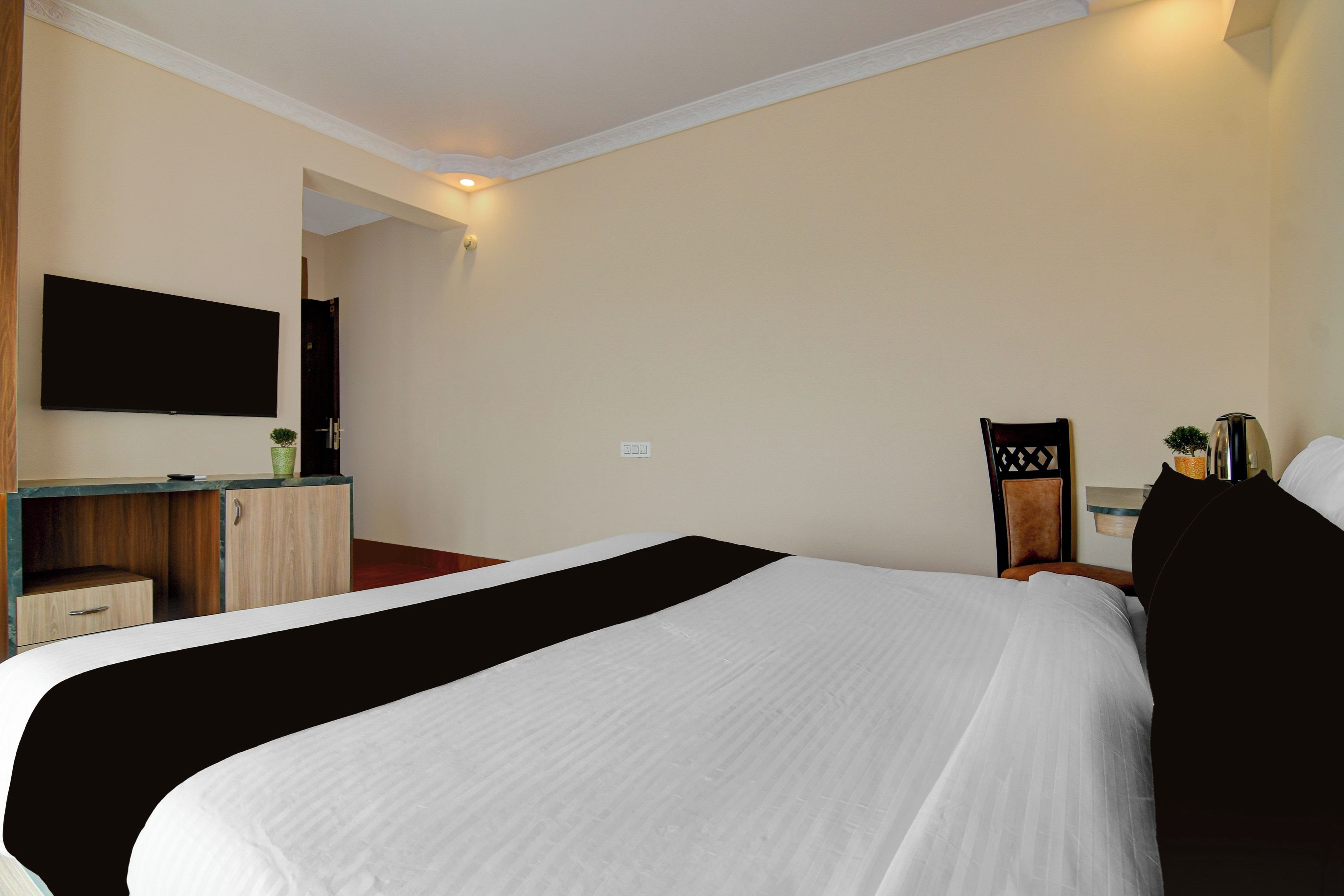 Una habitación de hotel con una cama grande, un televisor de pantalla plana montado en la pared, un escritorio con una silla y una pequeña planta en maceta.