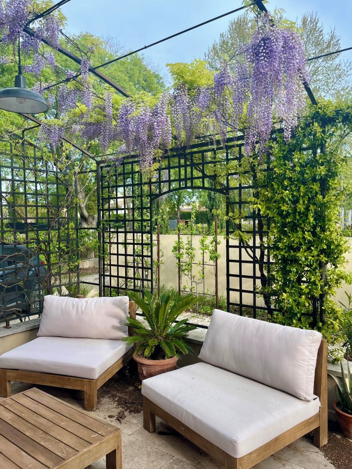 An outdoor seating area with two cushioned chairs and a wooden table, surrounded by greenery and purple flowering vines.