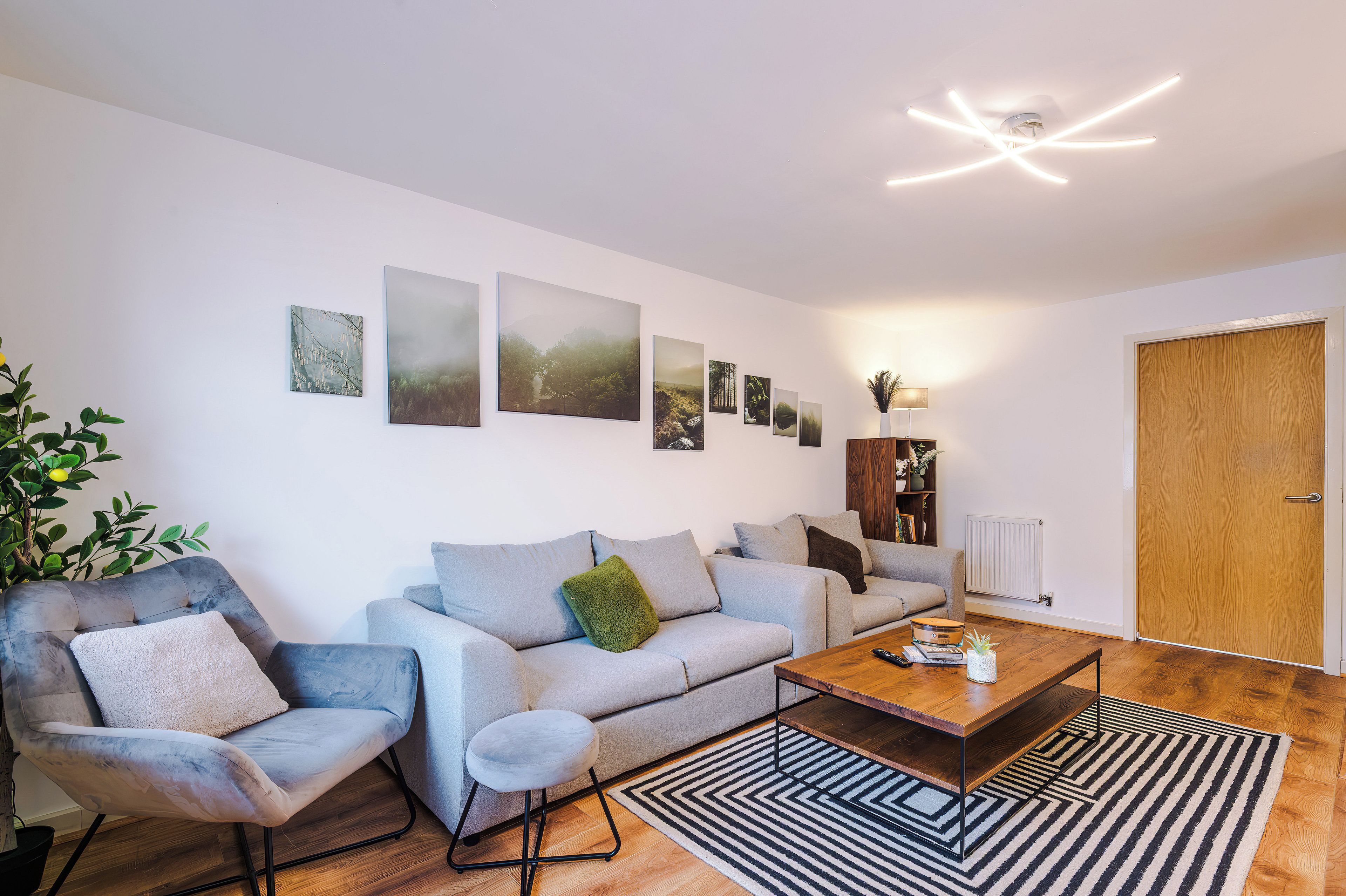 A modern living room with a grey sofa, a coffee table, and a black and white striped rug.