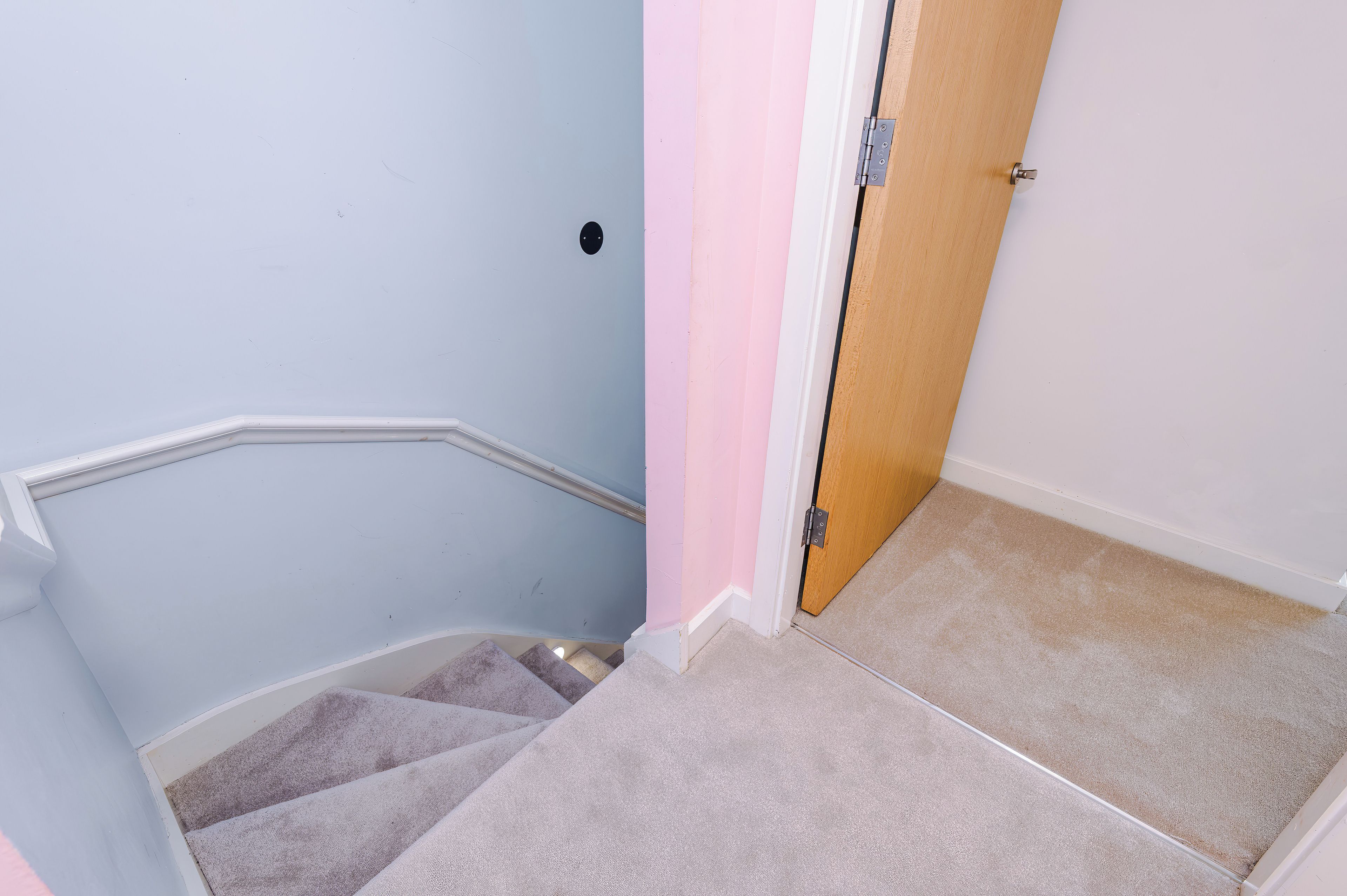 Un escalier recouvert de moquette avec une main courante, une porte en bois et un mur muni d’une seule prise électrique.