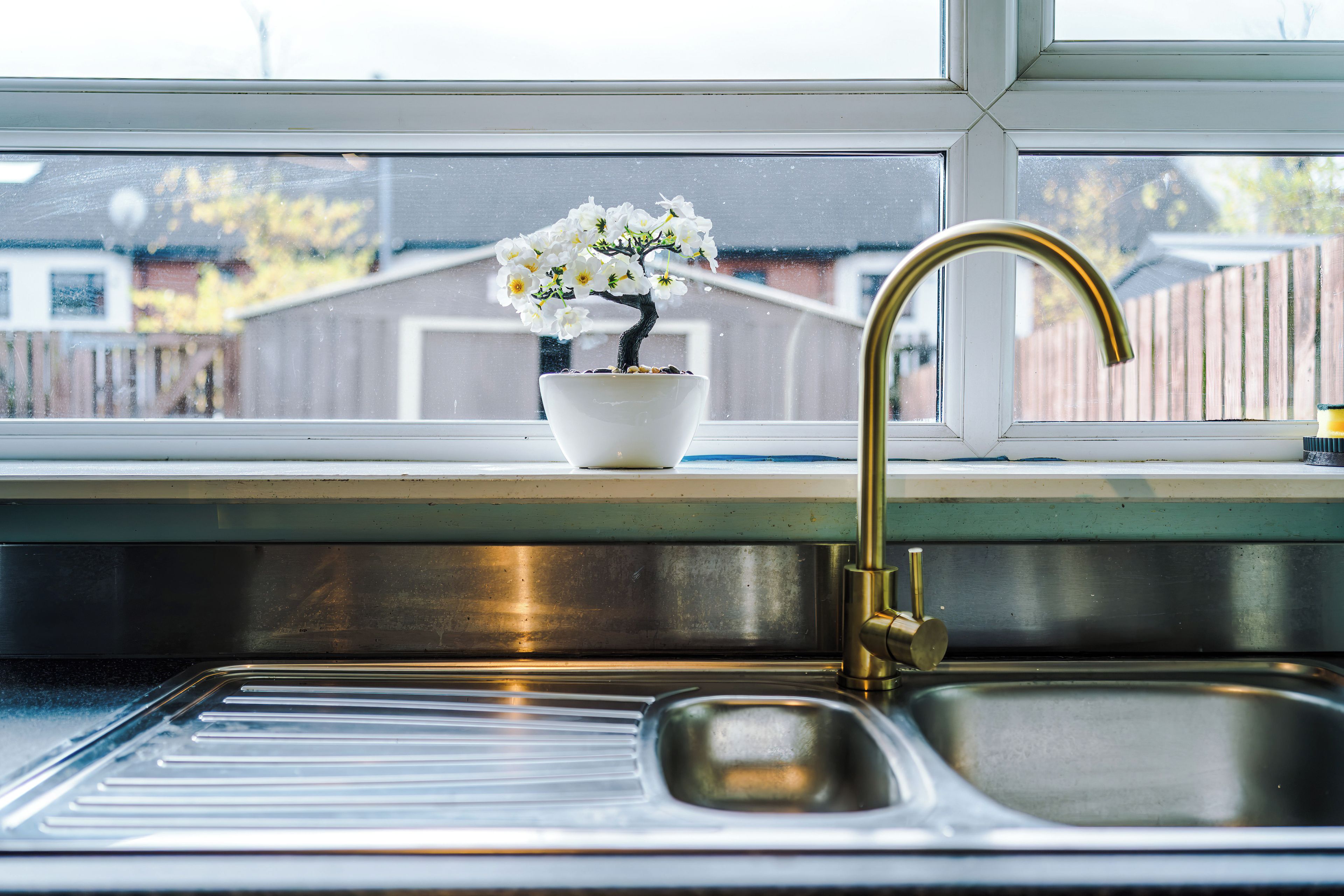 A kitchen sink with a faucet and a potted plant on the windowsill.