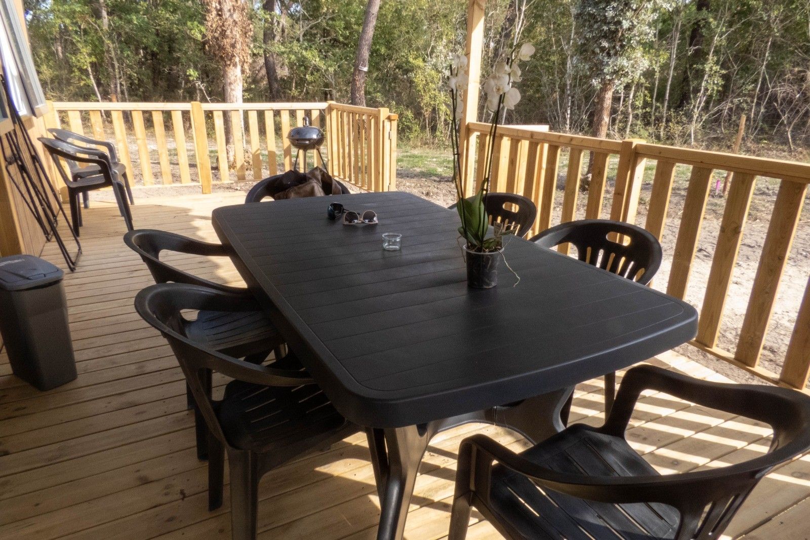 Una terraza de madera con una mesa, sillas, un bote de basura y una planta en maceta.
