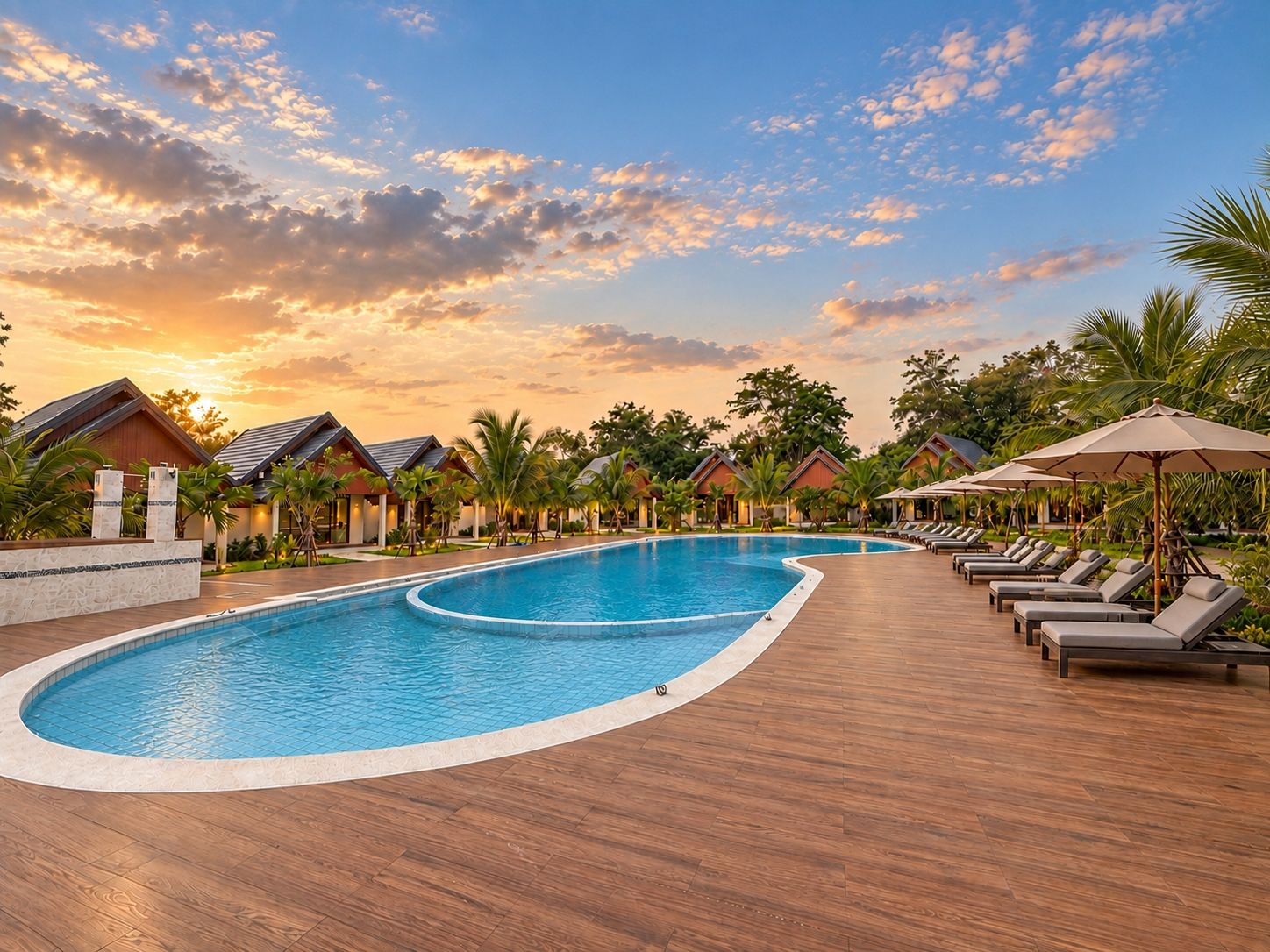 Zona de piscina en un resort con terraza de madera, sillas de descanso y palmeras.