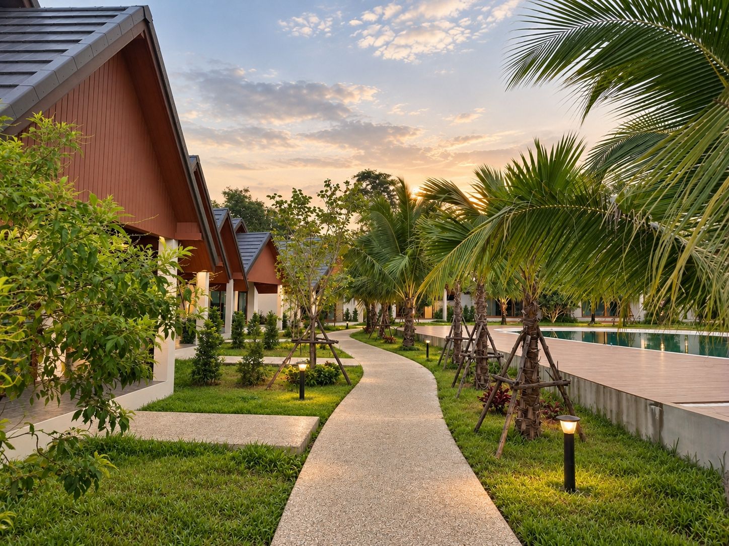 A pathway leading to a pool area with palm trees and a building with a sloped roof.