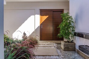 Uma entrada moderna com porta de madeira, caminho de concreto e planta de bambu.