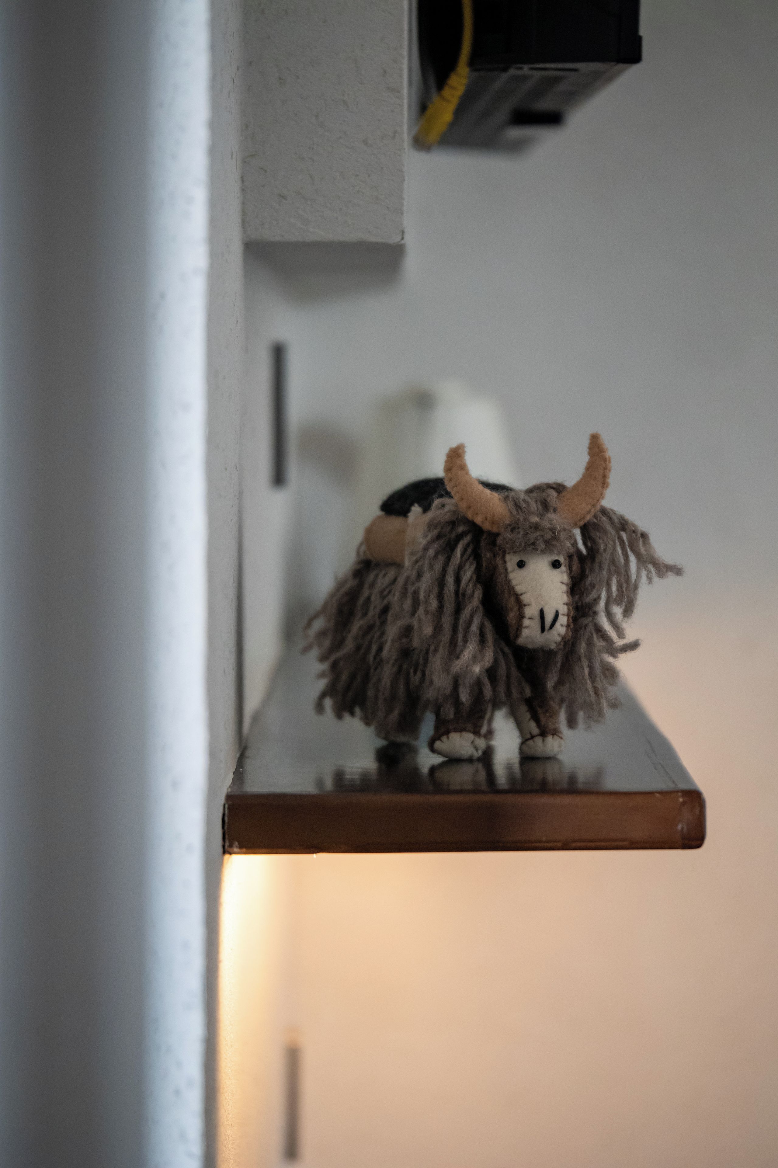 A shelf with a stuffed animal.