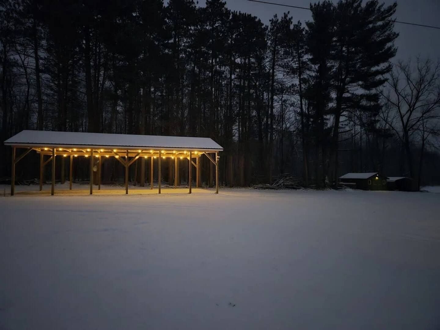 Un espace extérieur abrité, dont le sol est recouvert de neige, et qui est entouré d’arbres.