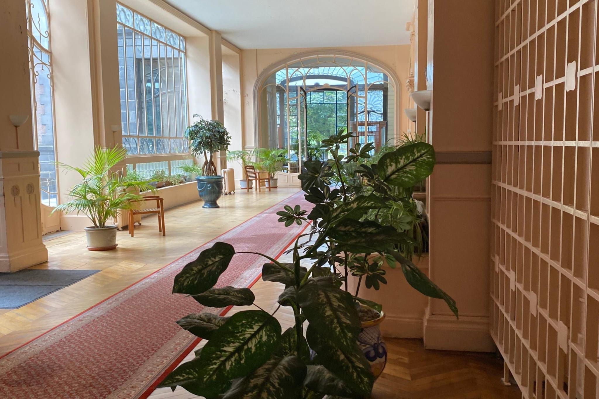 A spacious hallway with large windows, potted plants, and a red carpet.