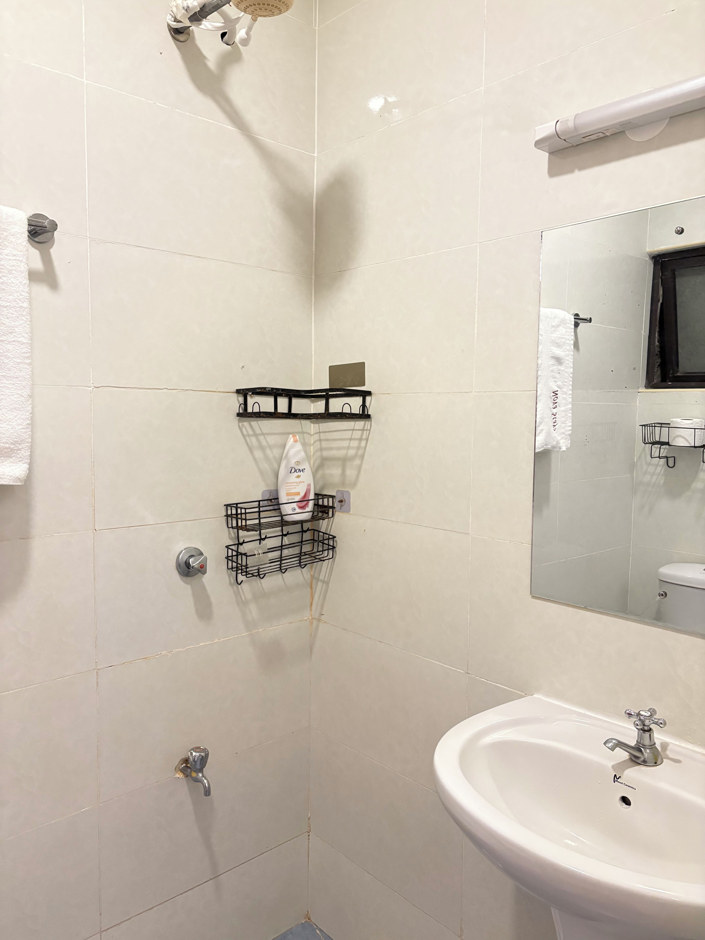 A bathroom with a white sink, a mirror, a towel rack, and a shower head.