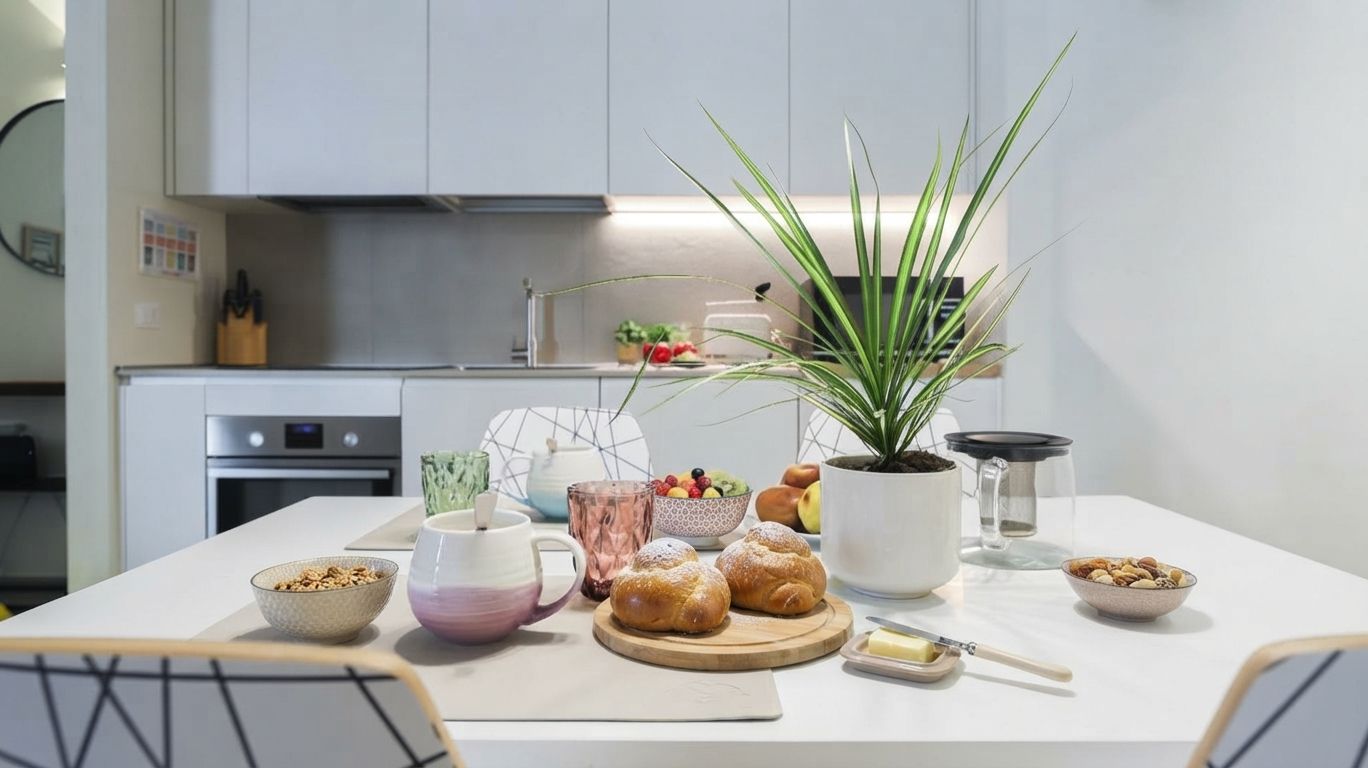 Un plan de travail de cuisine avec divers aliments, une plante en pot et des ustensiles de cuisine.