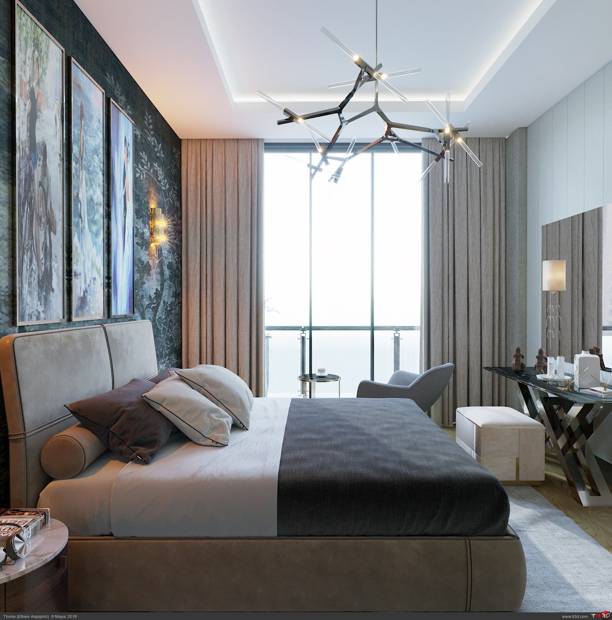 A modern hotel room with a large bed, a desk, and a view of the city.
