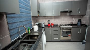 A modern kitchen with grey cabinets, a stainless steel sink, a dishwasher, a stove, and a microwave.