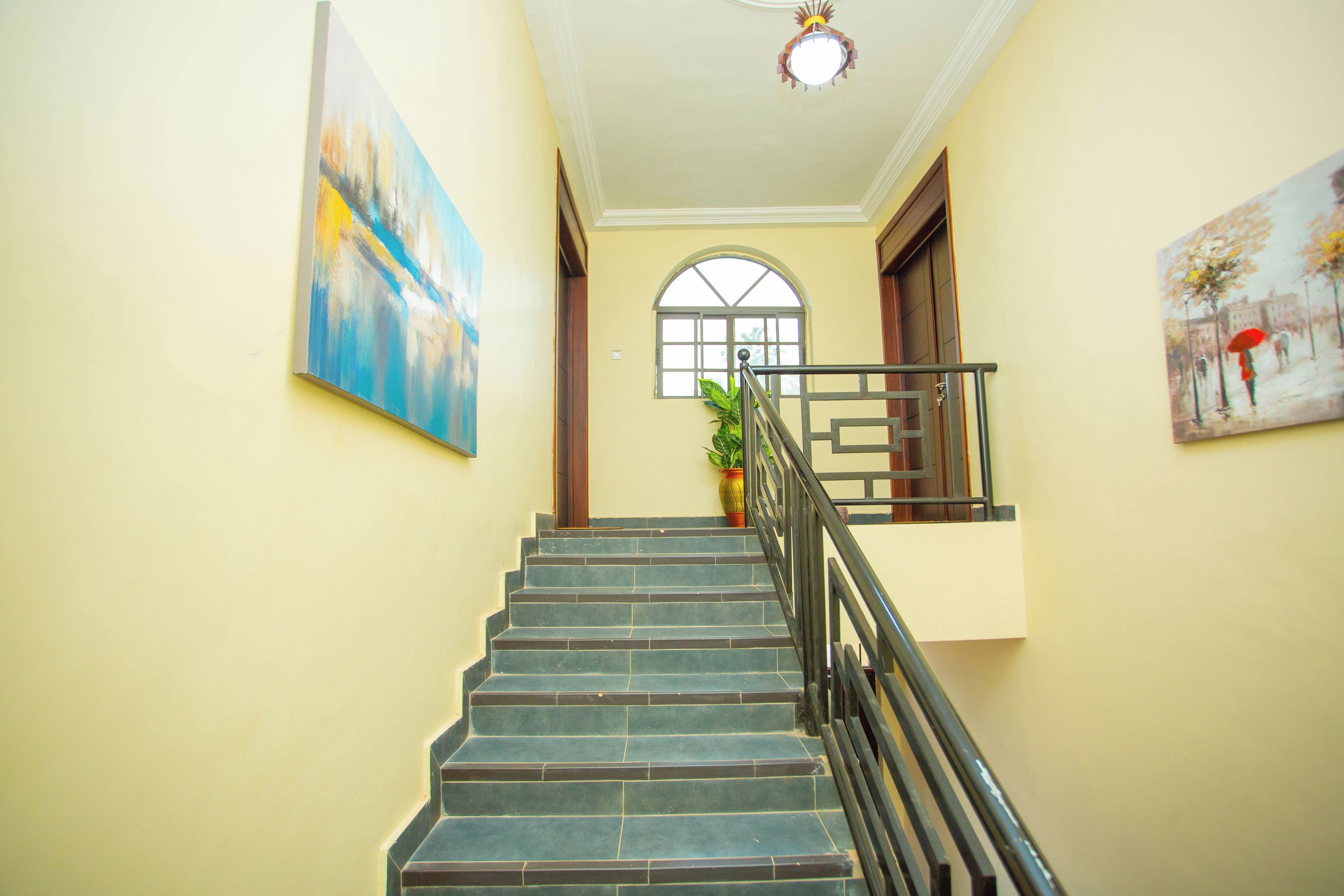 A staircase with a handrail, a potted plant, and two paintings on the walls.