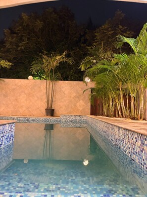 Une piscine aux carreaux de mosaïque bleu clair, entourée d’un petit muret et de plantes tropicales.
