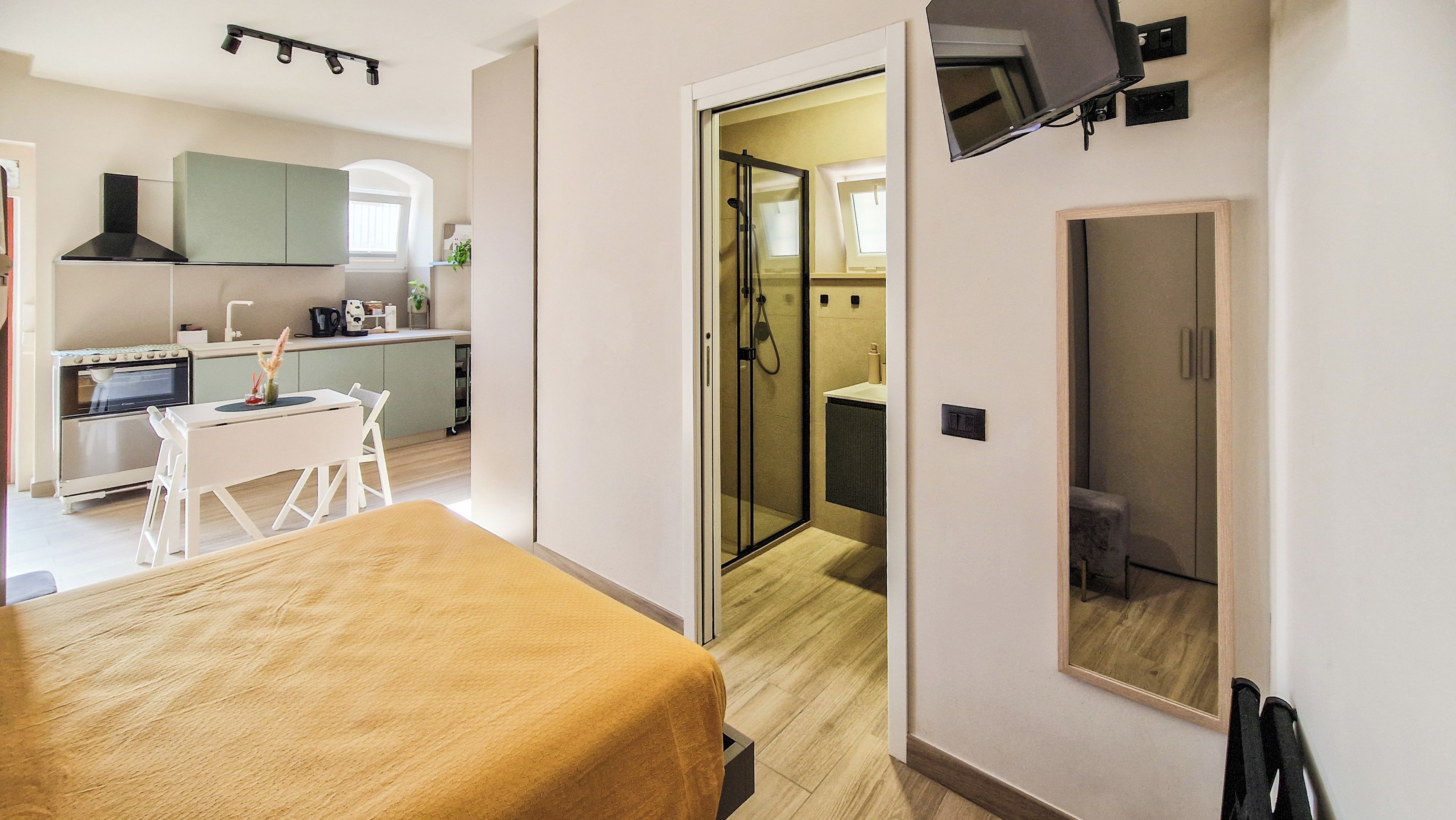 Habitación de hotel moderna con cama, kitchenette, ducha y televisor en la pared.