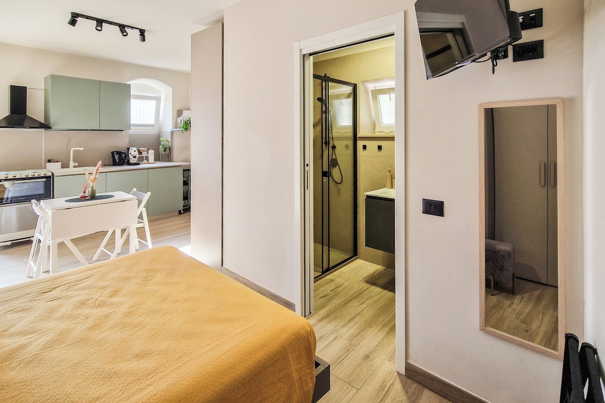 A modern hotel room with a bed, a small kitchenette, a shower, and a TV mounted on the wall.
