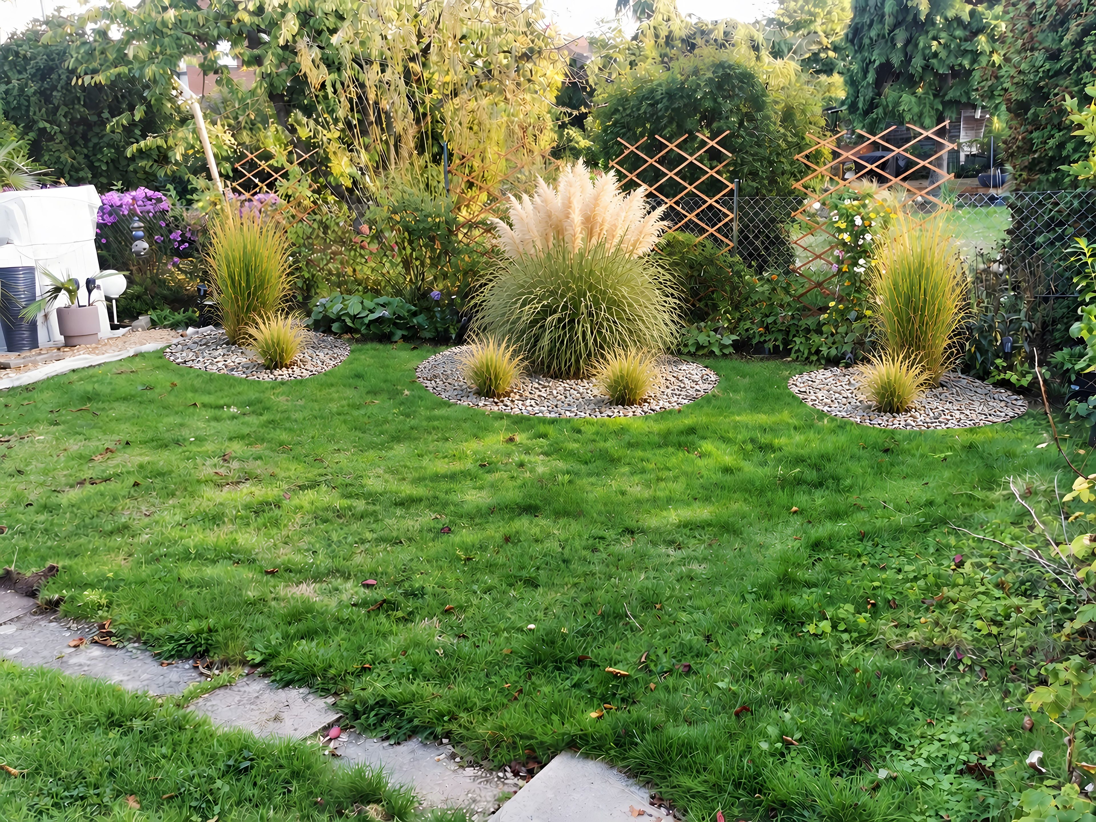 A well-maintained garden with a variety of plants and a lawn.