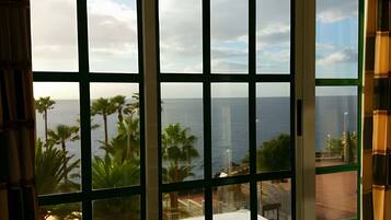A view through a window with a grid pattern, overlooking a body of water and palm trees.