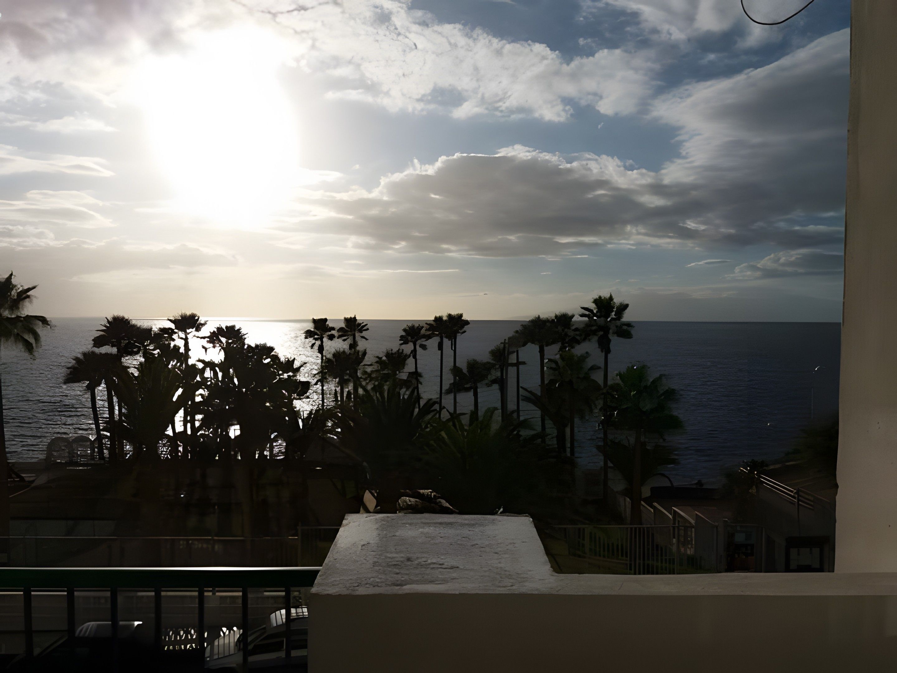 Un balcón con vista al mar y palmeras.