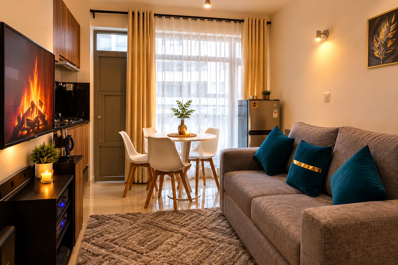 A modern living room with a sofa, a coffee table, and a TV mounted on the wall.