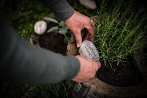 Eine Person legt einen Stein mit der Aufschrift ‚Rosmarinus officinalis‘ in einen Pflanzkasten.