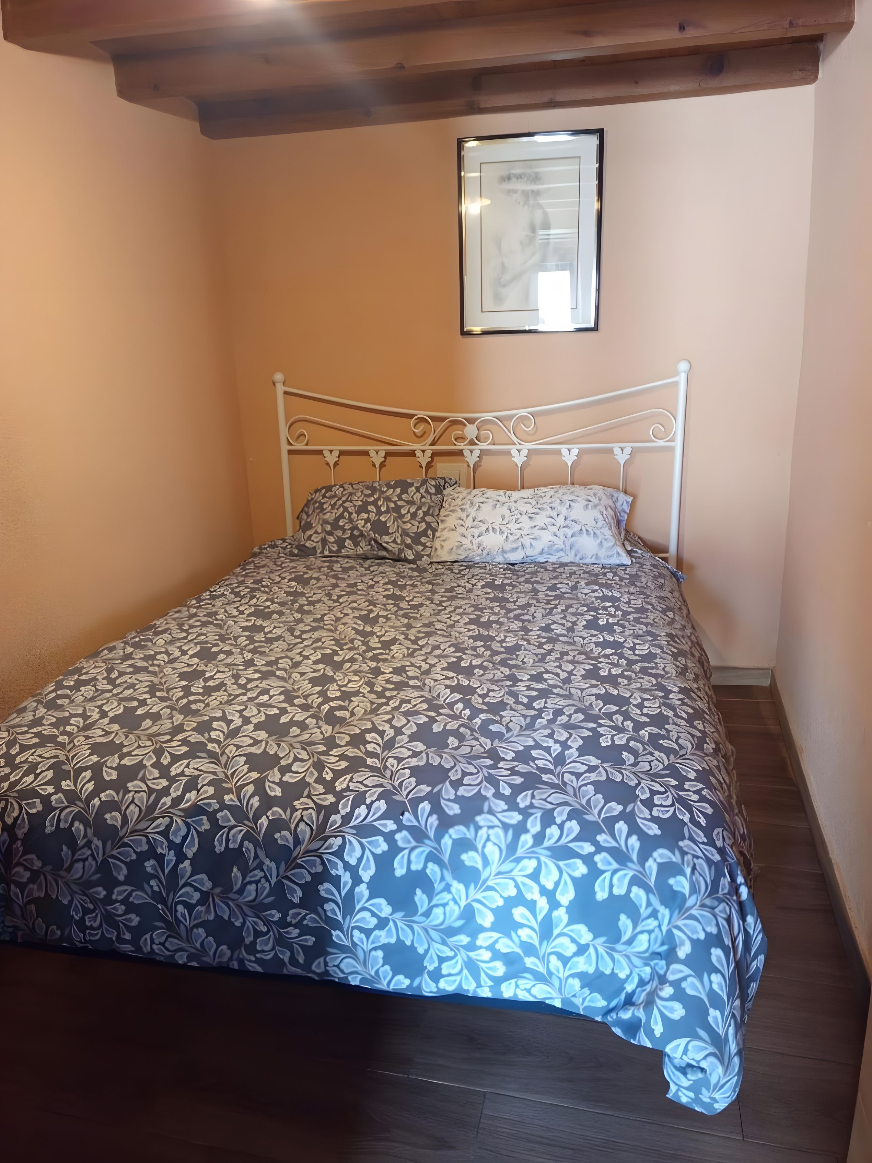 Una cama individual con estructura metálica y colcha estampada floral en una habitación con paredes color melocotón y suelo de madera.