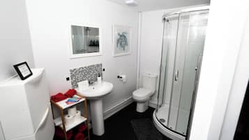Une salle de bain avec un lavabo blanc, des toilettes et une cabine de douche en verre.
