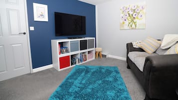 A living room with a blue wall, a flat-screen TV, a bookshelf, a grey sofa, a blue rug, and a painting of flowers.