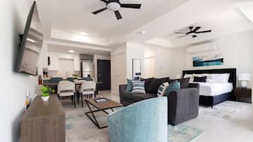 A modern living room with a sofa, armchair, and coffee table. There is a dining area with chairs and a table. The room has a ceiling fan and an air conditioning unit.