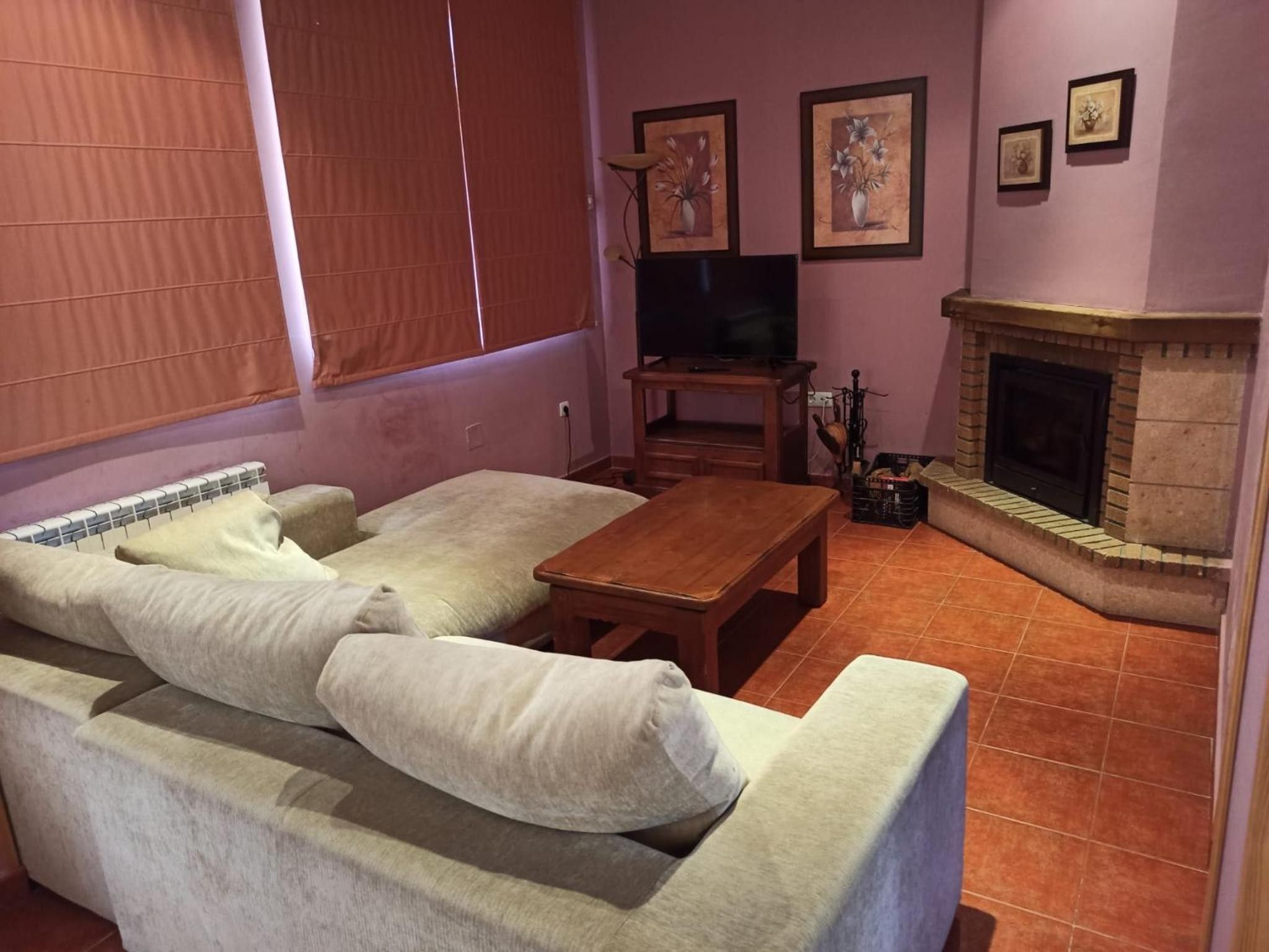 A living room with a sofa, a coffee table, a television, and a fireplace.