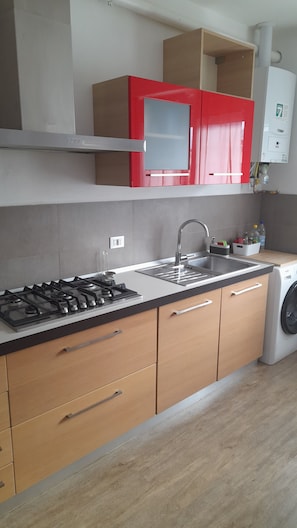 A modern kitchen with a gas stove, stainless steel sink, and wooden cabinets. - Aurora Vacation Home: Between the Lake and the Mountains (Costa Volpino)