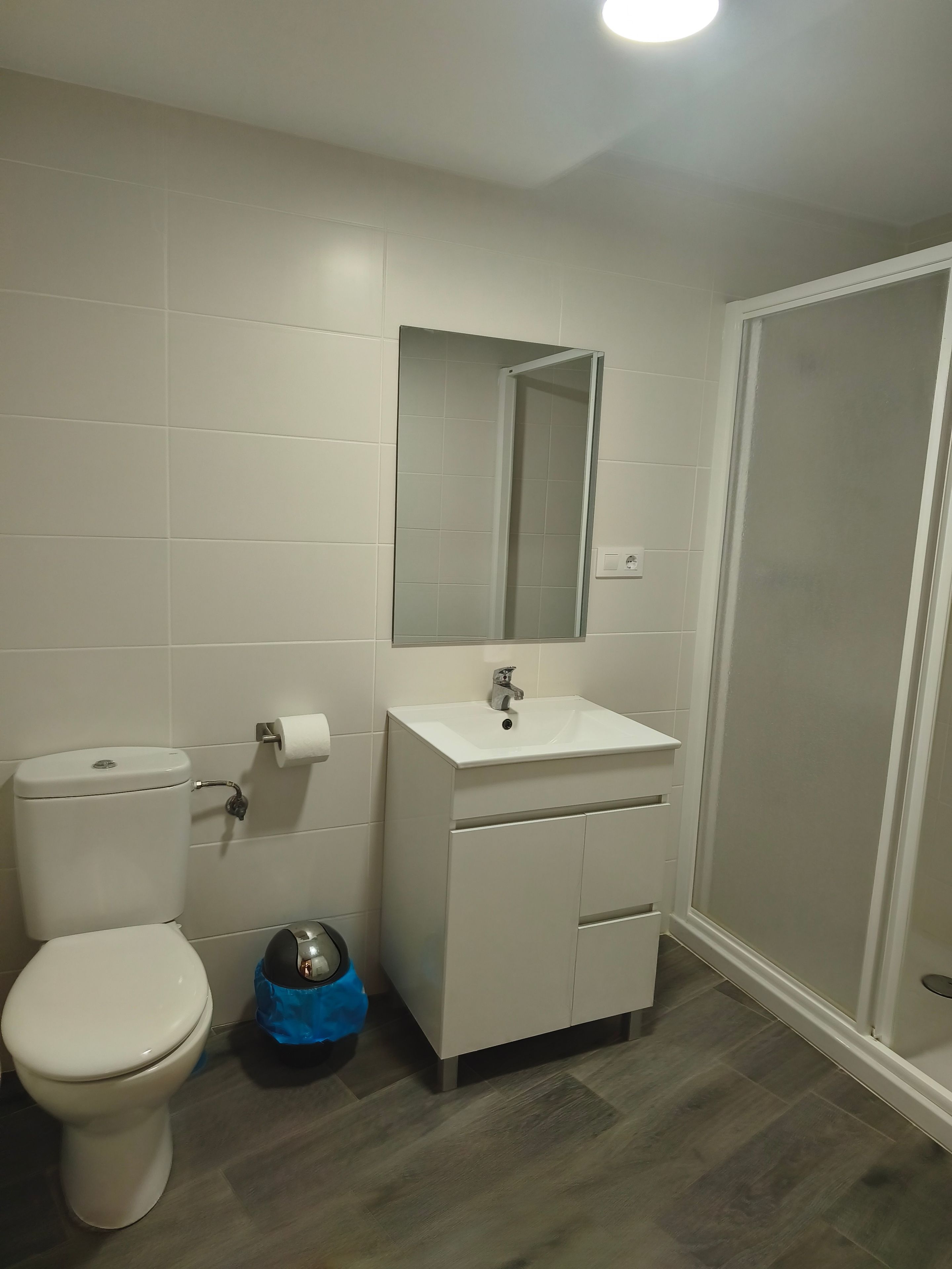 Een badkamer met toilet, wastafel, spiegel en douche.