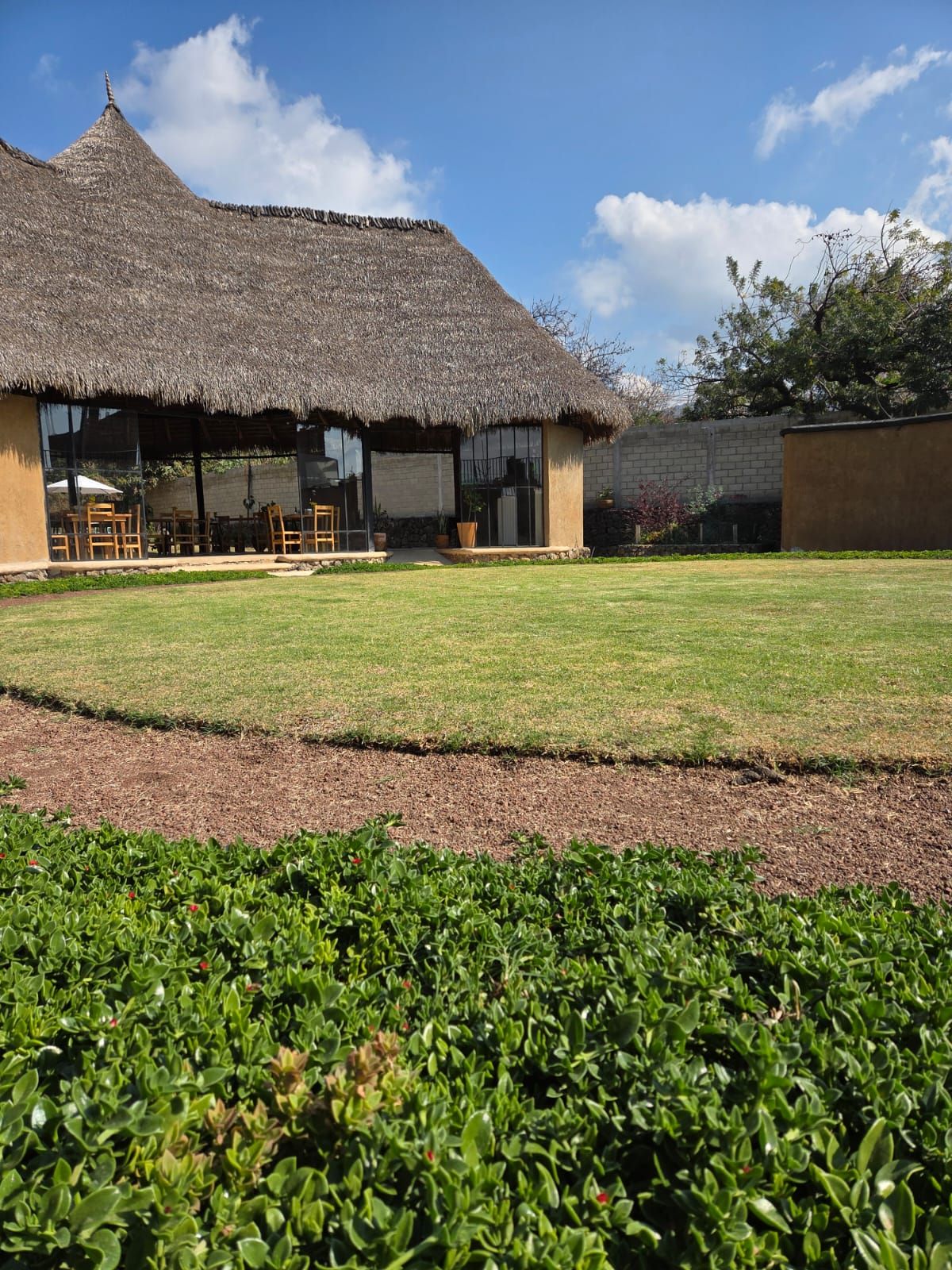 Un edificio con techo de paja, asientos al aire libre y un césped bien cuidado.