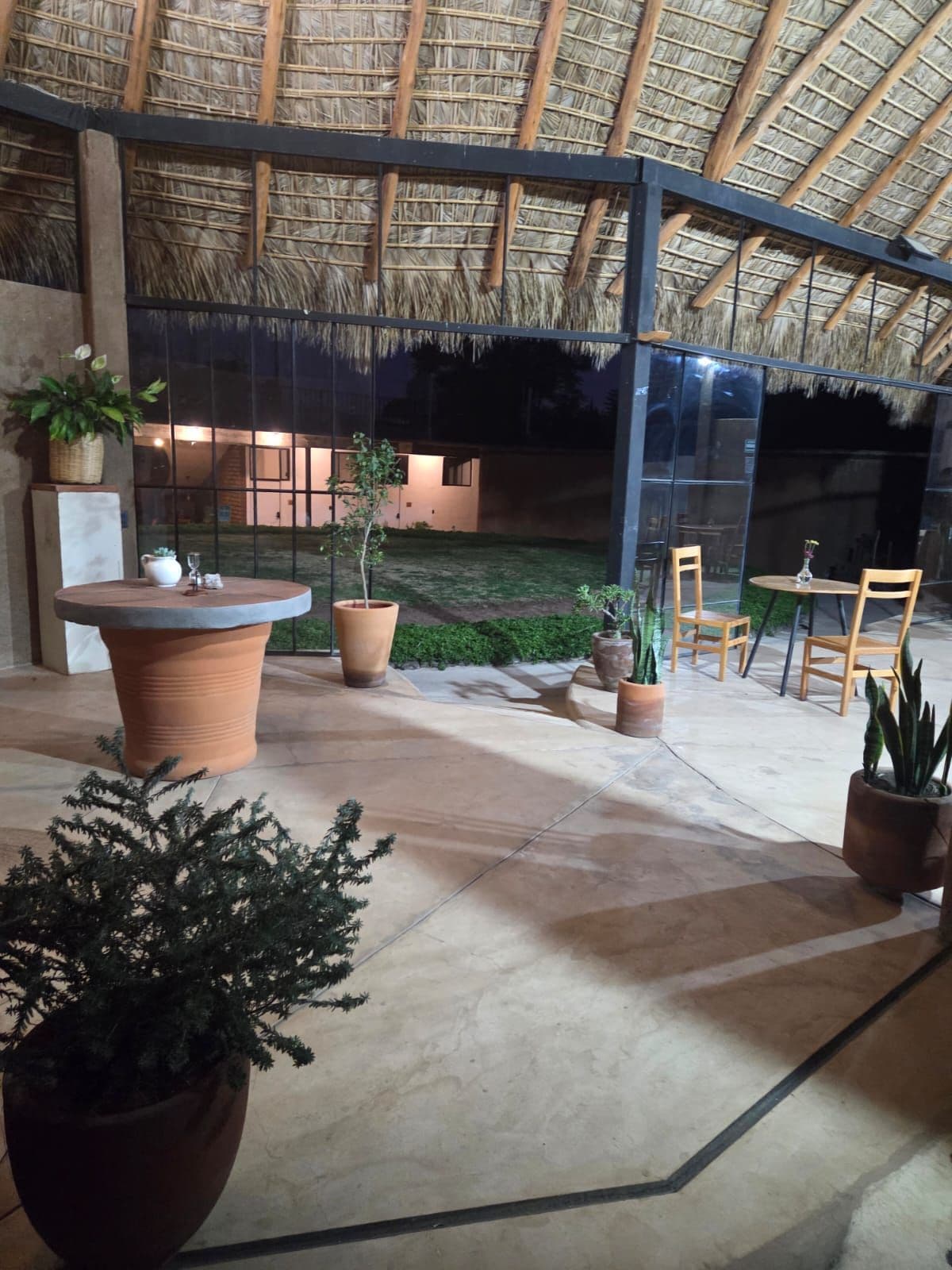 Un patio interior con techo de paja, plantas en macetas y arreglos de asientos.